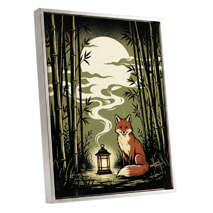 Foxlight in the Bamboo, black, green, beige nature wall art shown as a silver framed canvas wall art