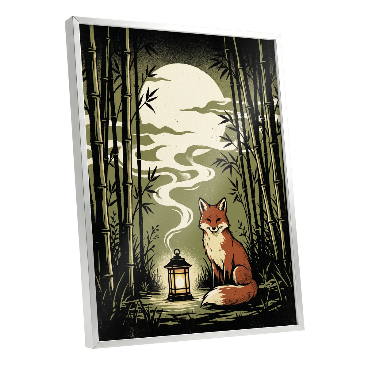 Foxlight in the Bamboo, black, green, beige nature wall art shown as a silver framed poster wall art print