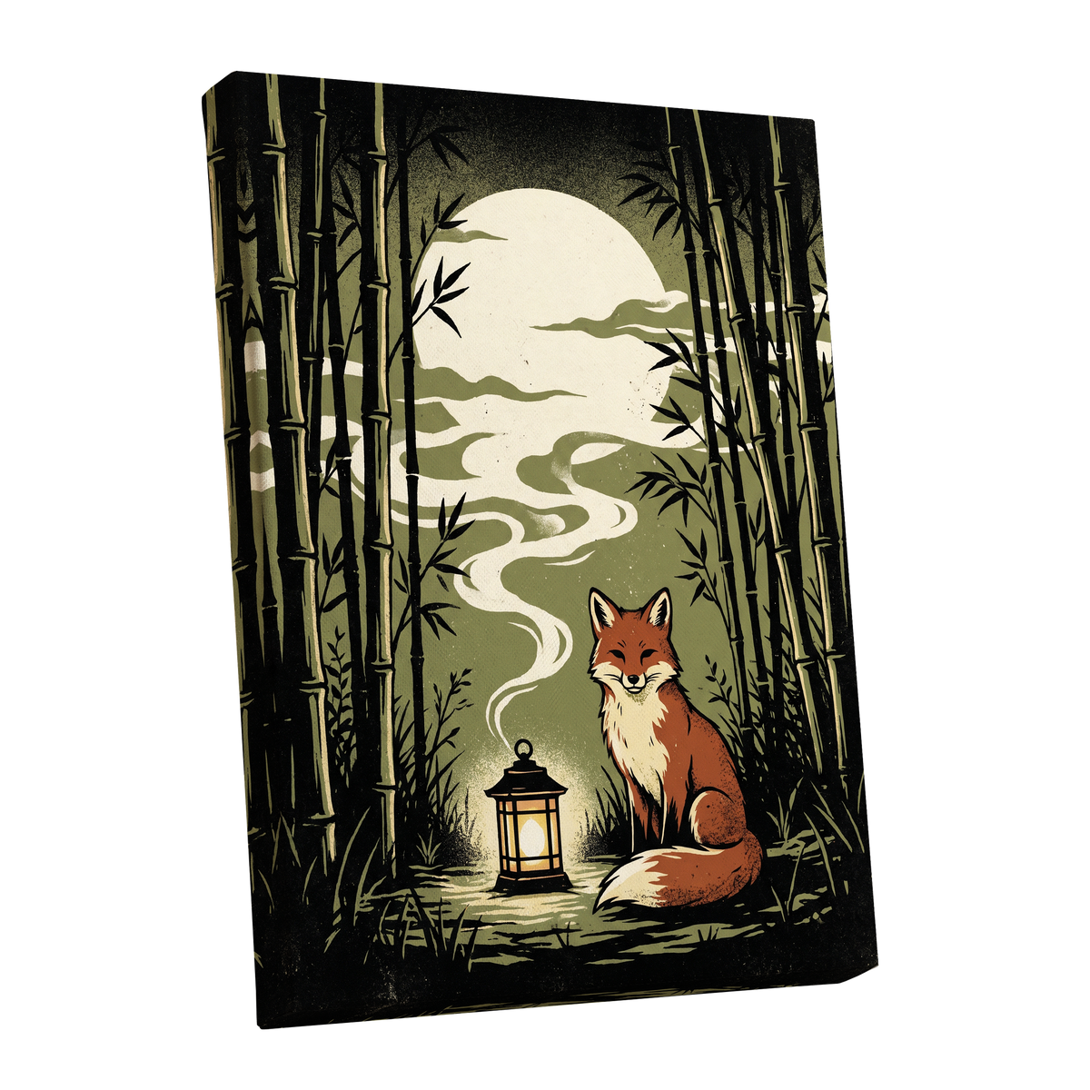 Foxlight in the Bamboo, black, green, beige nature wall art shown as a stretched canvas wall art
