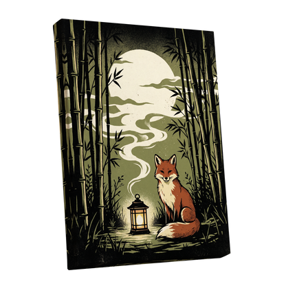 Foxlight in the Bamboo, black, green, beige nature wall art shown as a stretched canvas wall art