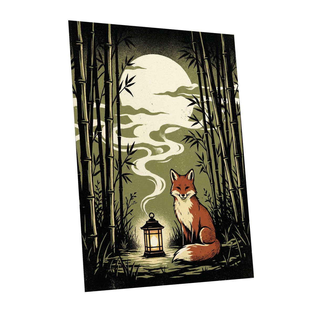 Foxlight in the Bamboo, black, green, beige nature wall art shown as a unframed poster wall art print
