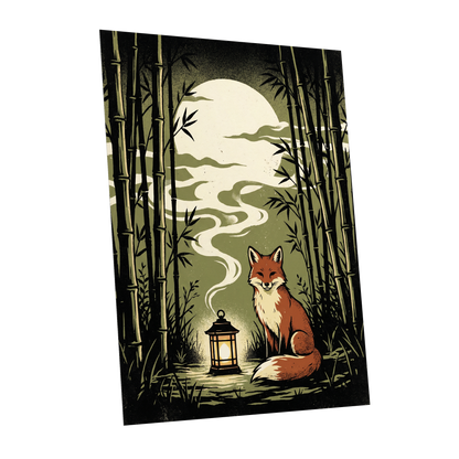 Foxlight in the Bamboo, black, green, beige nature wall art shown as a unframed poster wall art print