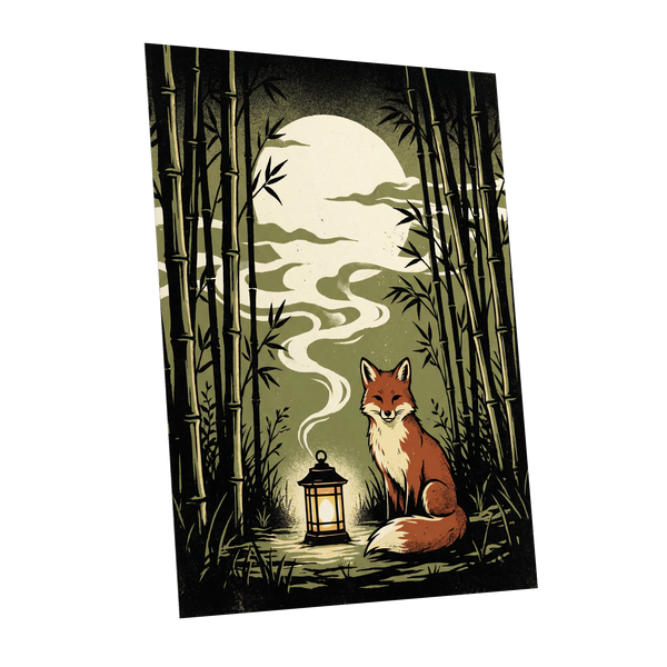 Foxlight in the Bamboo, black, green, beige nature wall art shown as a unframed poster wall art print