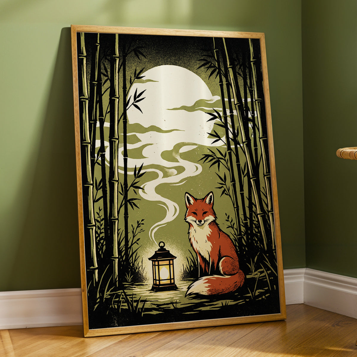Foxlight in the Bamboo, black, green, beige nature wall art displayed in a styled interior, gallery view 2
