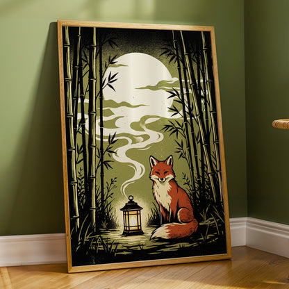 Foxlight in the Bamboo, black, green, beige nature wall art displayed in a styled interior, gallery view 2