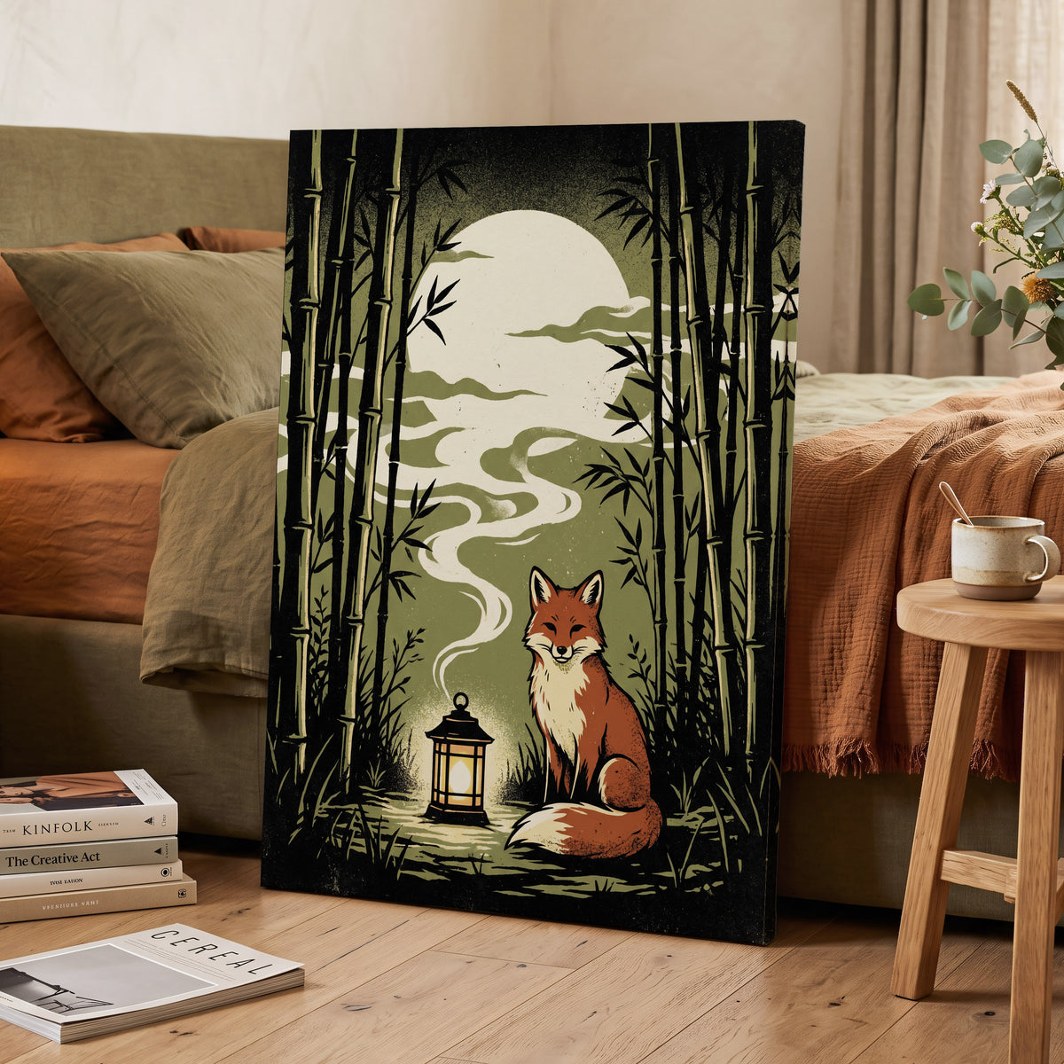 Foxlight in the Bamboo, black, green, beige nature wall art displayed in a styled interior, gallery view 3