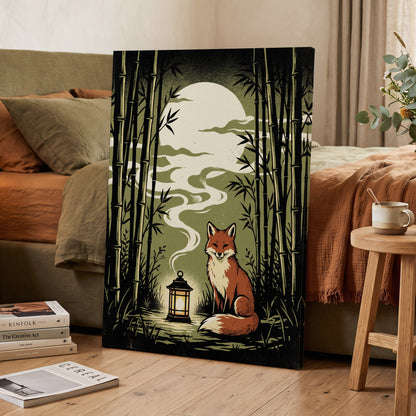 Foxlight in the Bamboo, black, green, beige nature wall art displayed in a styled interior, gallery view 3