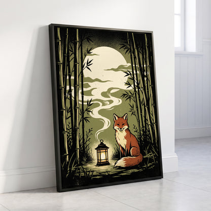 Foxlight in the Bamboo, black, green, beige nature wall art displayed in a styled interior, gallery view 4