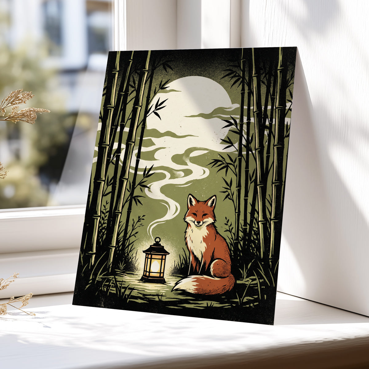 Foxlight in the Bamboo, black, green, beige nature wall art displayed in a styled interior, gallery view 5