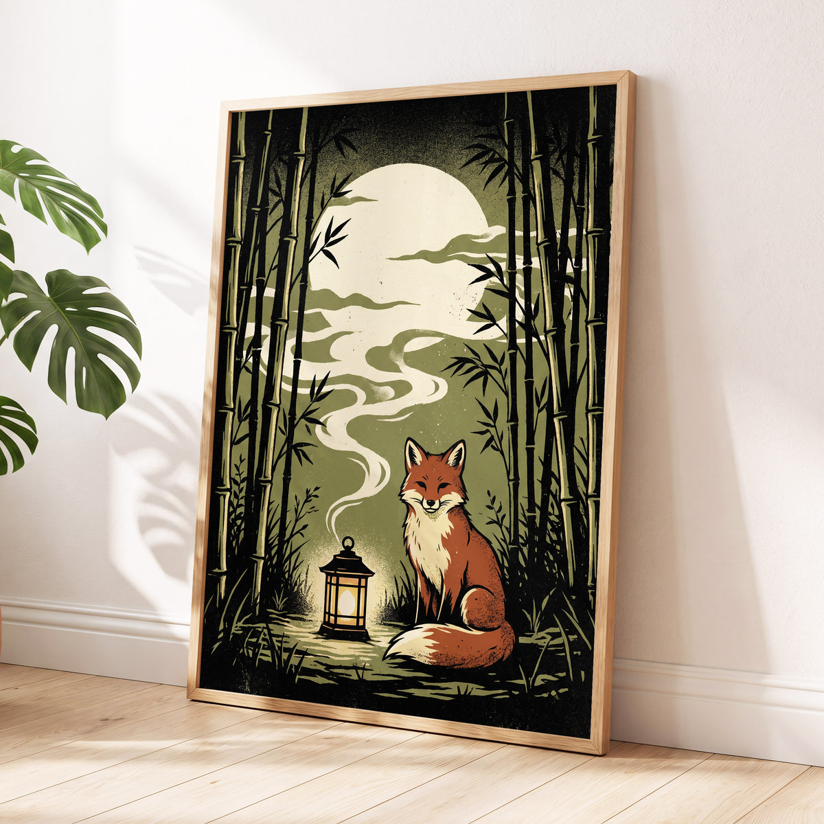 Foxlight in the Bamboo, black, green, beige nature wall art displayed in a styled interior, gallery view 6