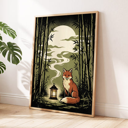 Foxlight in the Bamboo, black, green, beige nature wall art displayed in a styled interior, gallery view 6