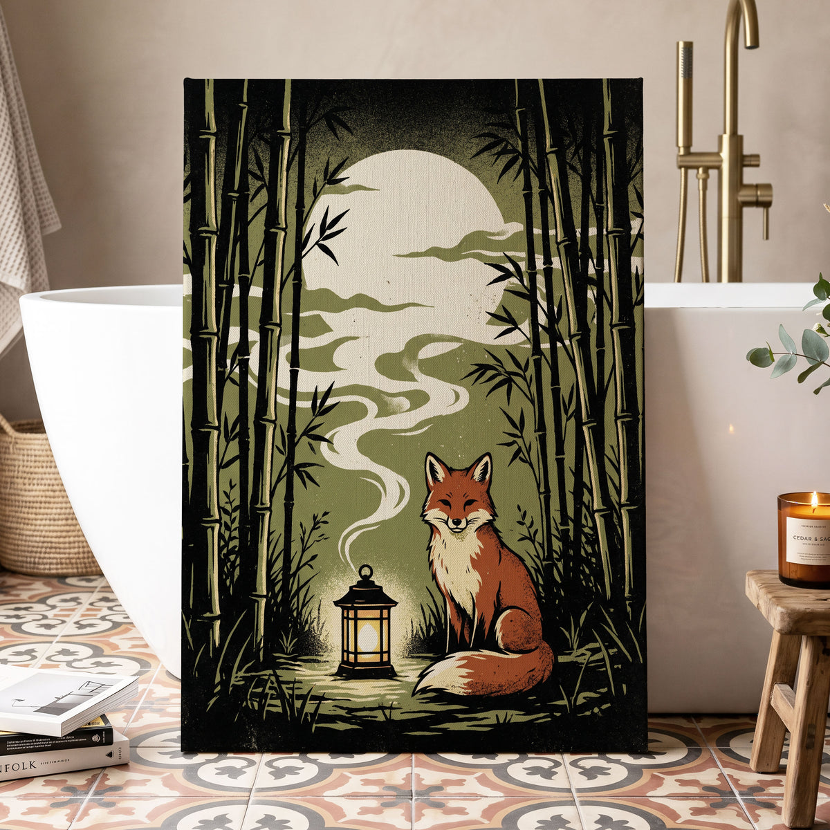 Foxlight in the Bamboo, black, green, beige nature wall art displayed in a styled interior, gallery view 7