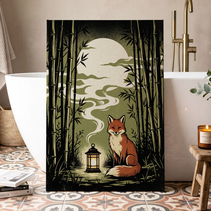 Foxlight in the Bamboo, black, green, beige nature wall art displayed in a styled interior, gallery view 7
