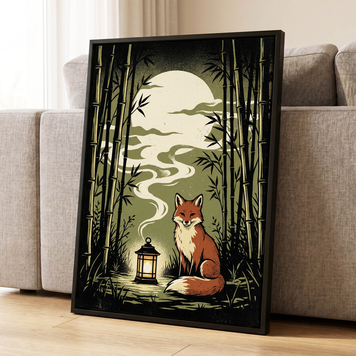 Foxlight in the Bamboo, black, green, beige nature wall art displayed in a styled interior, gallery view 8