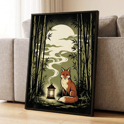 Foxlight in the Bamboo, black, green, beige nature wall art displayed in a styled interior, gallery view 8