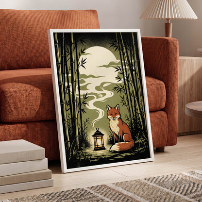 Foxlight in the Bamboo, black, green, beige nature wall art displayed in a styled interior, gallery view 9