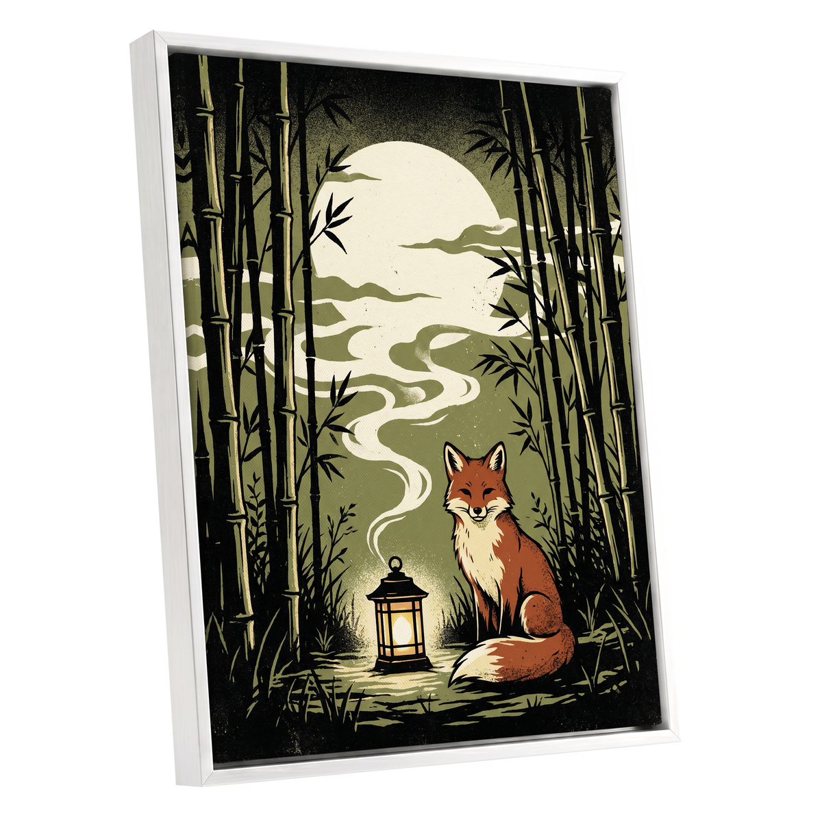 Foxlight in the Bamboo, black, green, beige nature wall art shown as a white framed canvas wall art