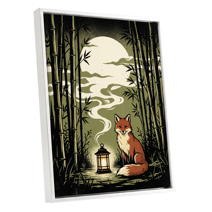 Foxlight in the Bamboo, black, green, beige nature wall art shown as a white framed canvas wall art