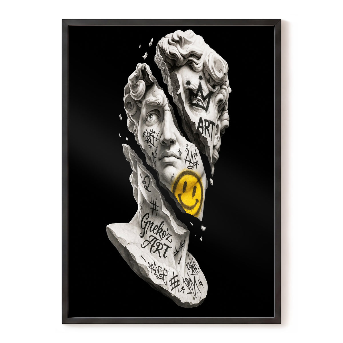 Fractured Icon, black, white, yellow abstract wall art, front artwork view