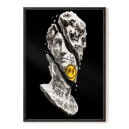 Fractured Icon, black, white, yellow abstract wall art, front artwork view