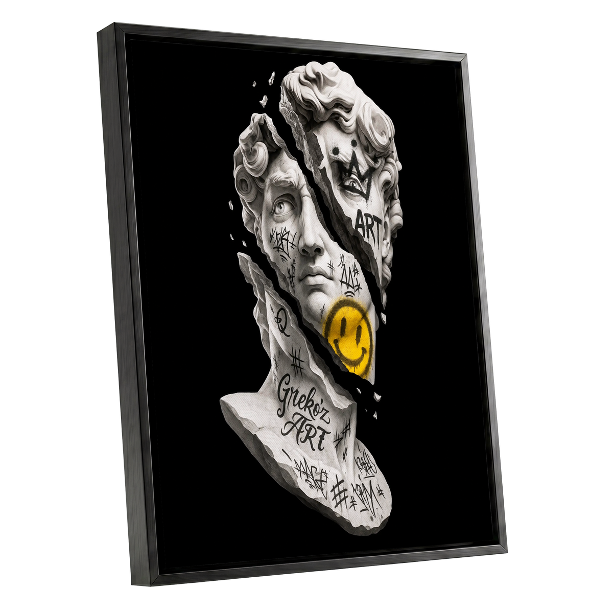Fractured Icon, black, white, yellow abstract wall art shown as a black framed canvas wall art