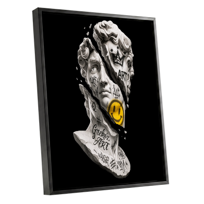 Fractured Icon, black, white, yellow abstract wall art shown as a black framed canvas wall art