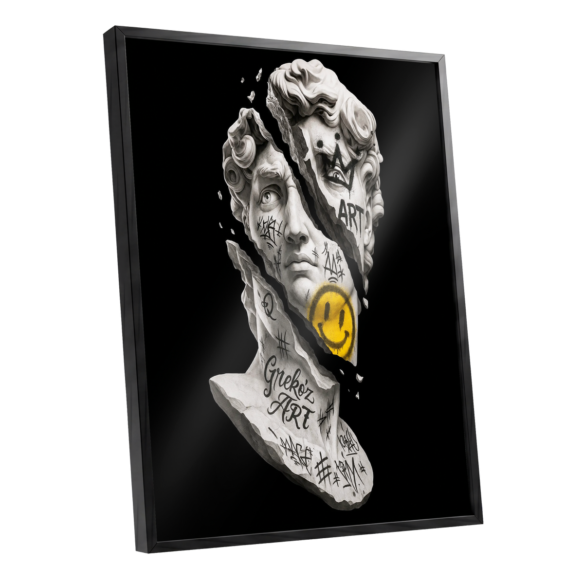 Fractured Icon, black, white, yellow abstract wall art shown as a black framed poster wall art print