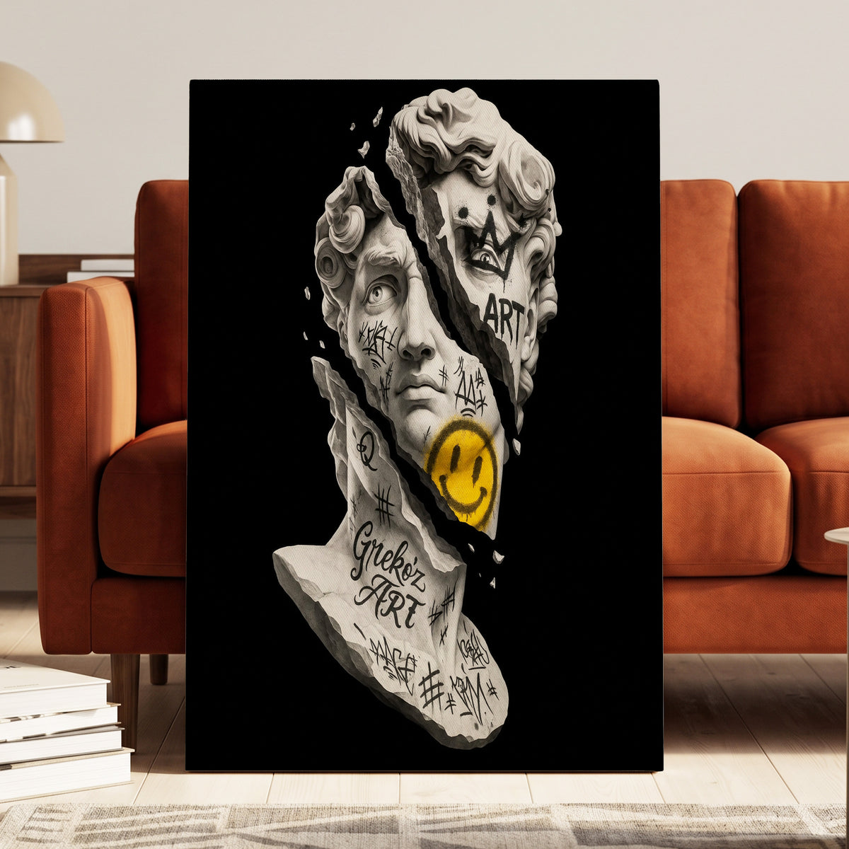 Fractured Icon, black, white, yellow abstract wall art on canvas displayed in a styled interior, gallery view 1
