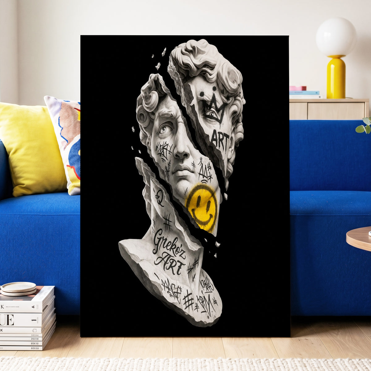Fractured Icon, black, white, yellow abstract wall art on canvas displayed in a styled interior, gallery view 2