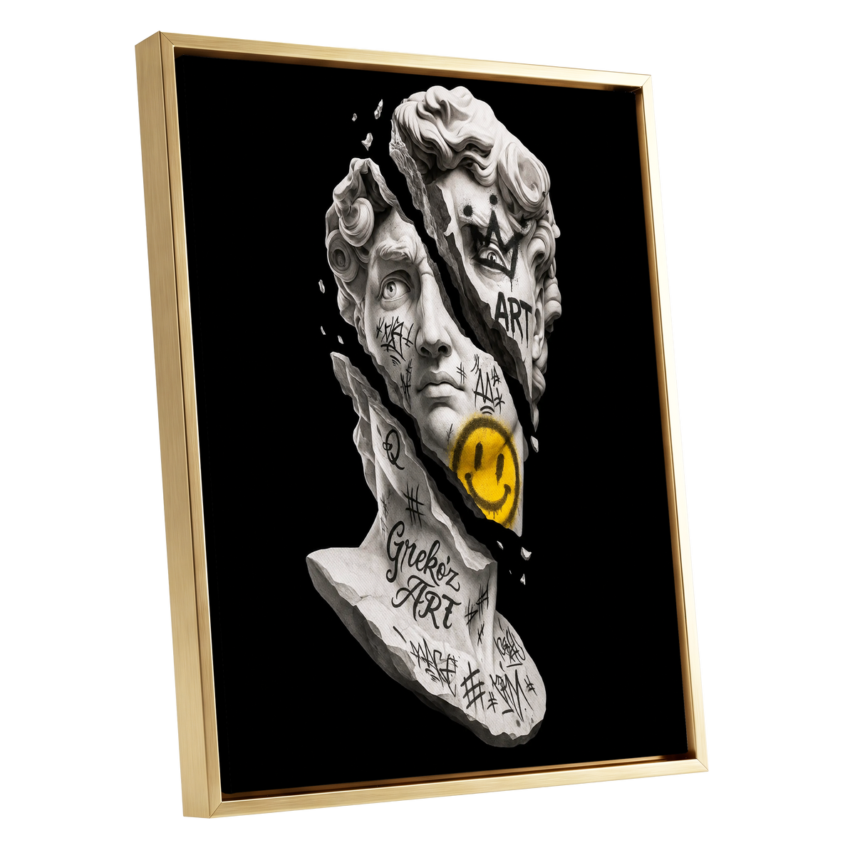 Fractured Icon, black, white, yellow abstract wall art shown as a gold framed canvas wall art