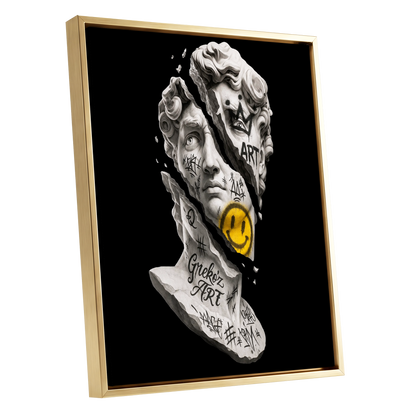 Fractured Icon, black, white, yellow abstract wall art shown as a gold framed canvas wall art