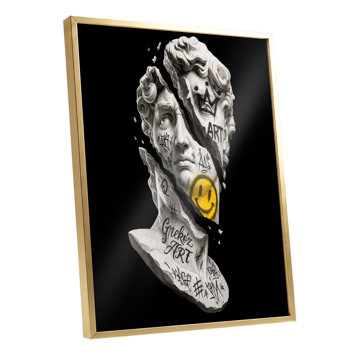 Fractured Icon, black, white, yellow abstract wall art shown as a gold framed poster wall art print