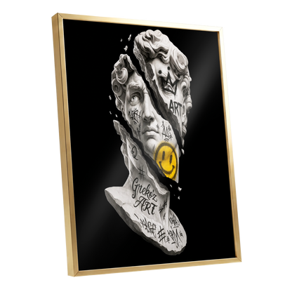 Fractured Icon, black, white, yellow abstract wall art shown as a gold framed poster wall art print
