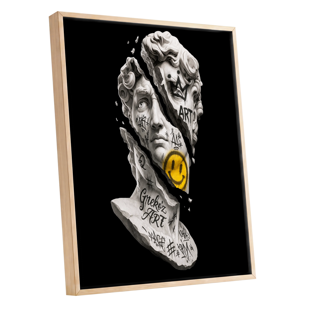 Fractured Icon, black, white, yellow abstract wall art shown as a oak framed canvas wall art