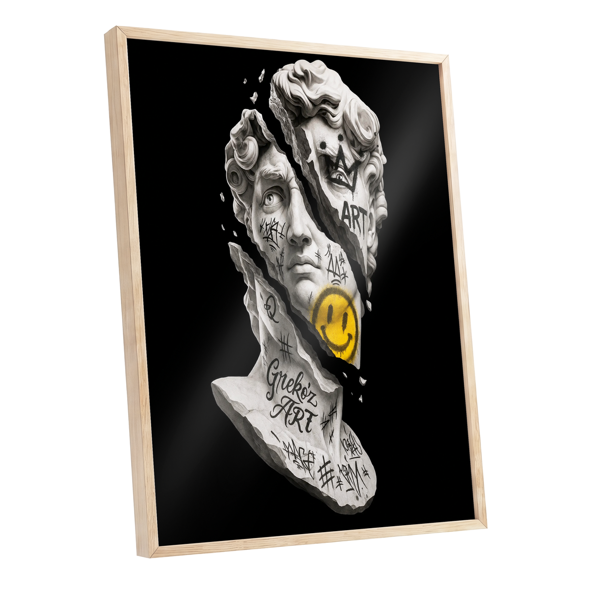 Fractured Icon, black, white, yellow abstract wall art shown as a oak framed poster wall art print