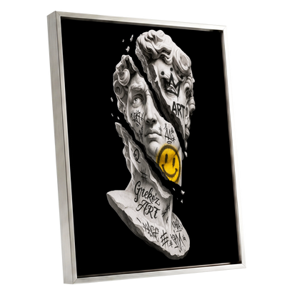 Fractured Icon, black, white, yellow abstract wall art shown as a silver framed canvas wall art