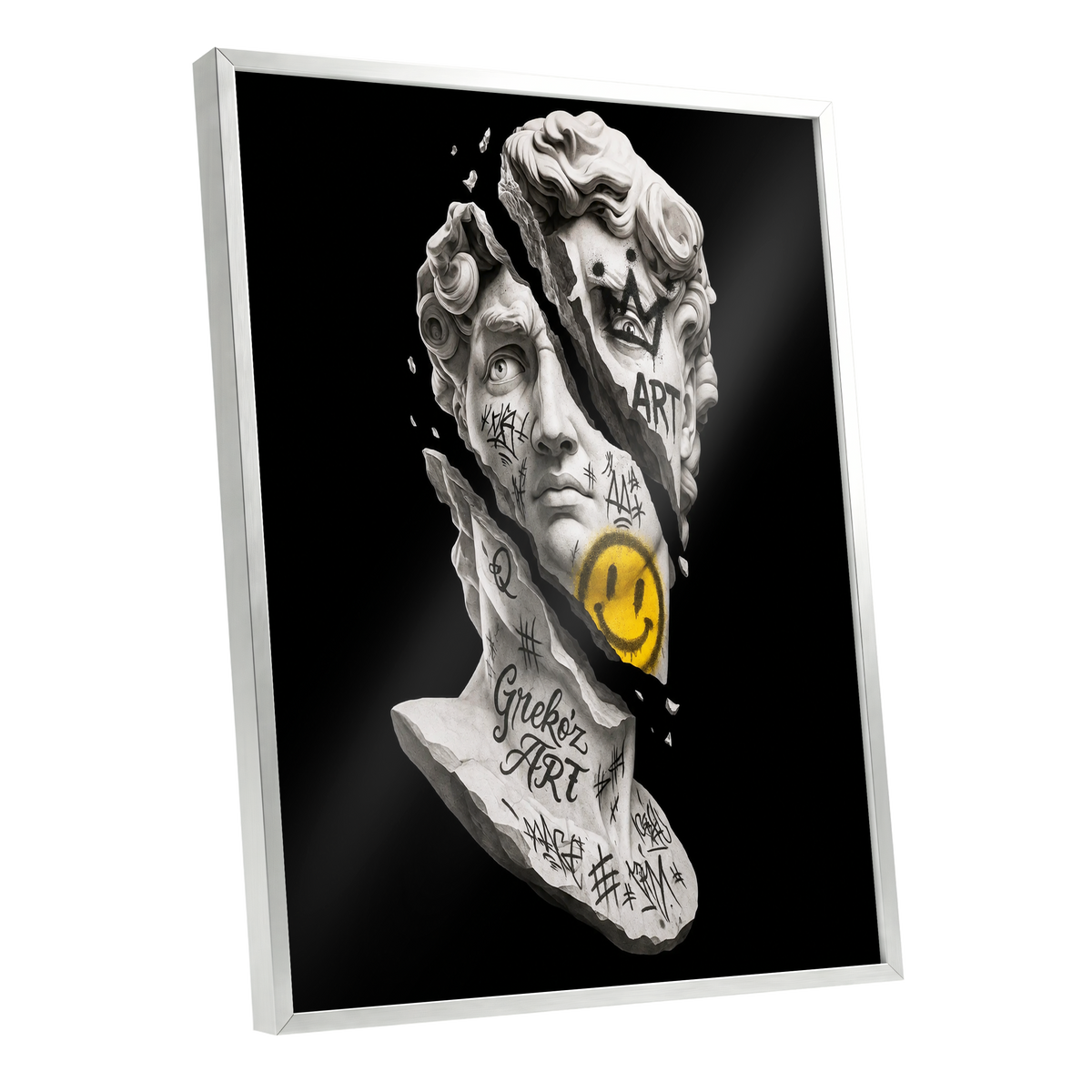 Fractured Icon, black, white, yellow abstract wall art shown as a silver framed poster wall art print
