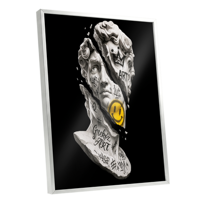 Fractured Icon, black, white, yellow abstract wall art shown as a silver framed poster wall art print