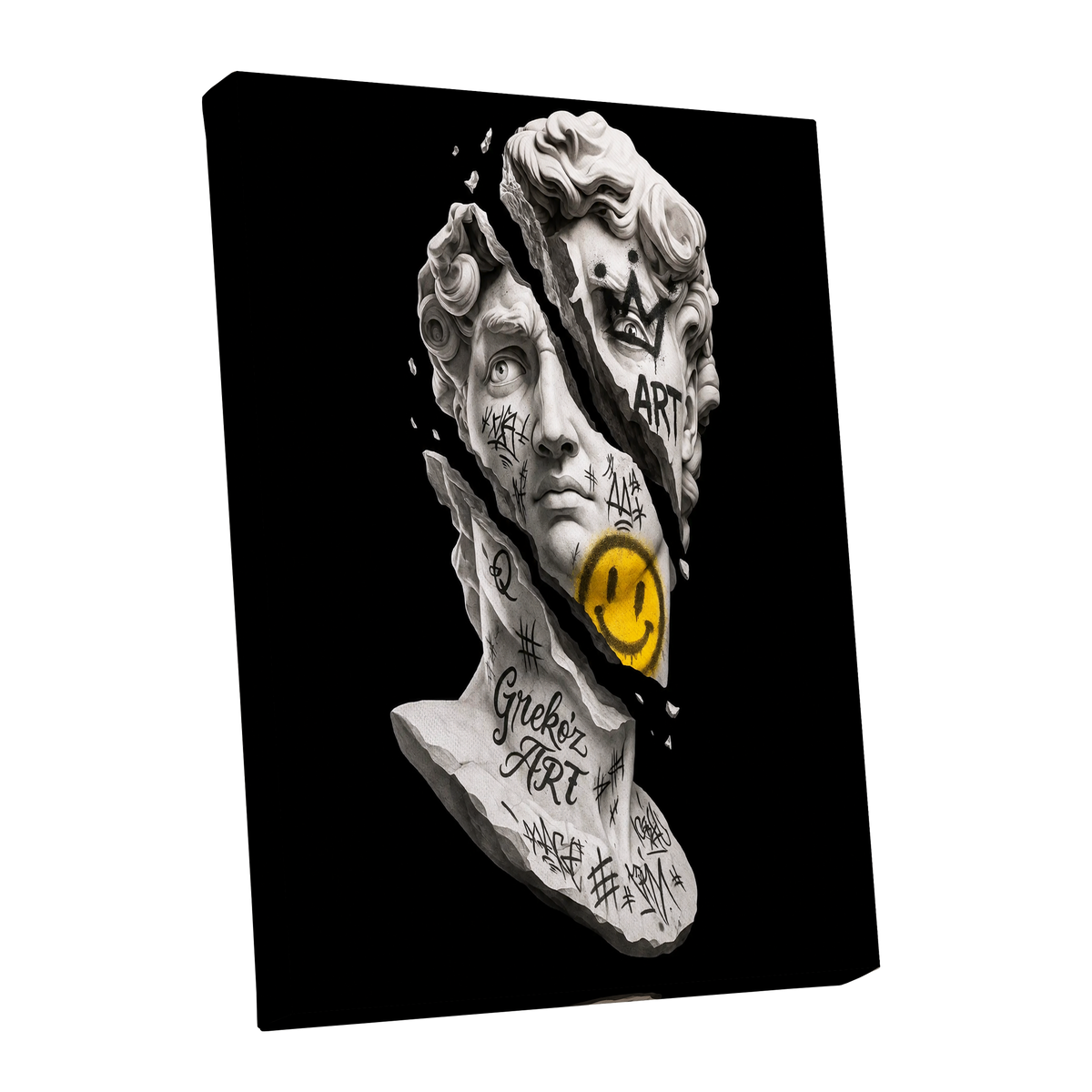Fractured Icon, black, white, yellow abstract wall art shown as a stretched canvas wall art