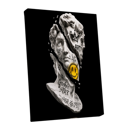 Fractured Icon, black, white, yellow abstract wall art shown as a stretched canvas wall art