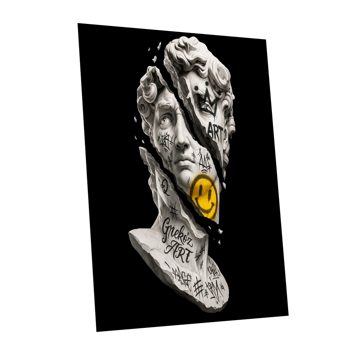 Fractured Icon, black, white, yellow abstract wall art shown as a unframed poster wall art print