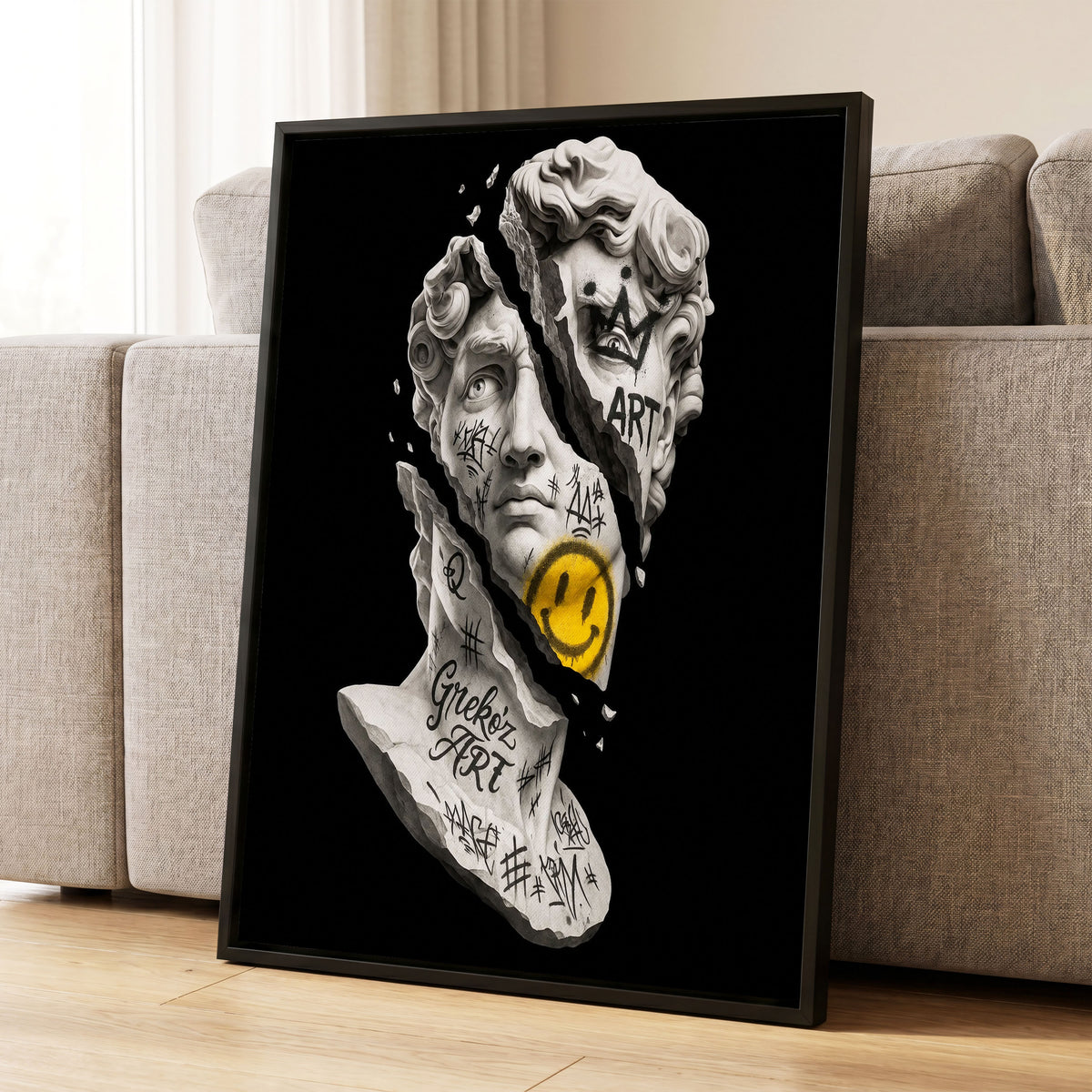 Fractured Icon, black, white, yellow abstract wall art displayed in a styled interior, gallery view 1