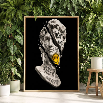 Fractured Icon, black, white, yellow abstract wall art displayed in a styled interior, gallery view 2