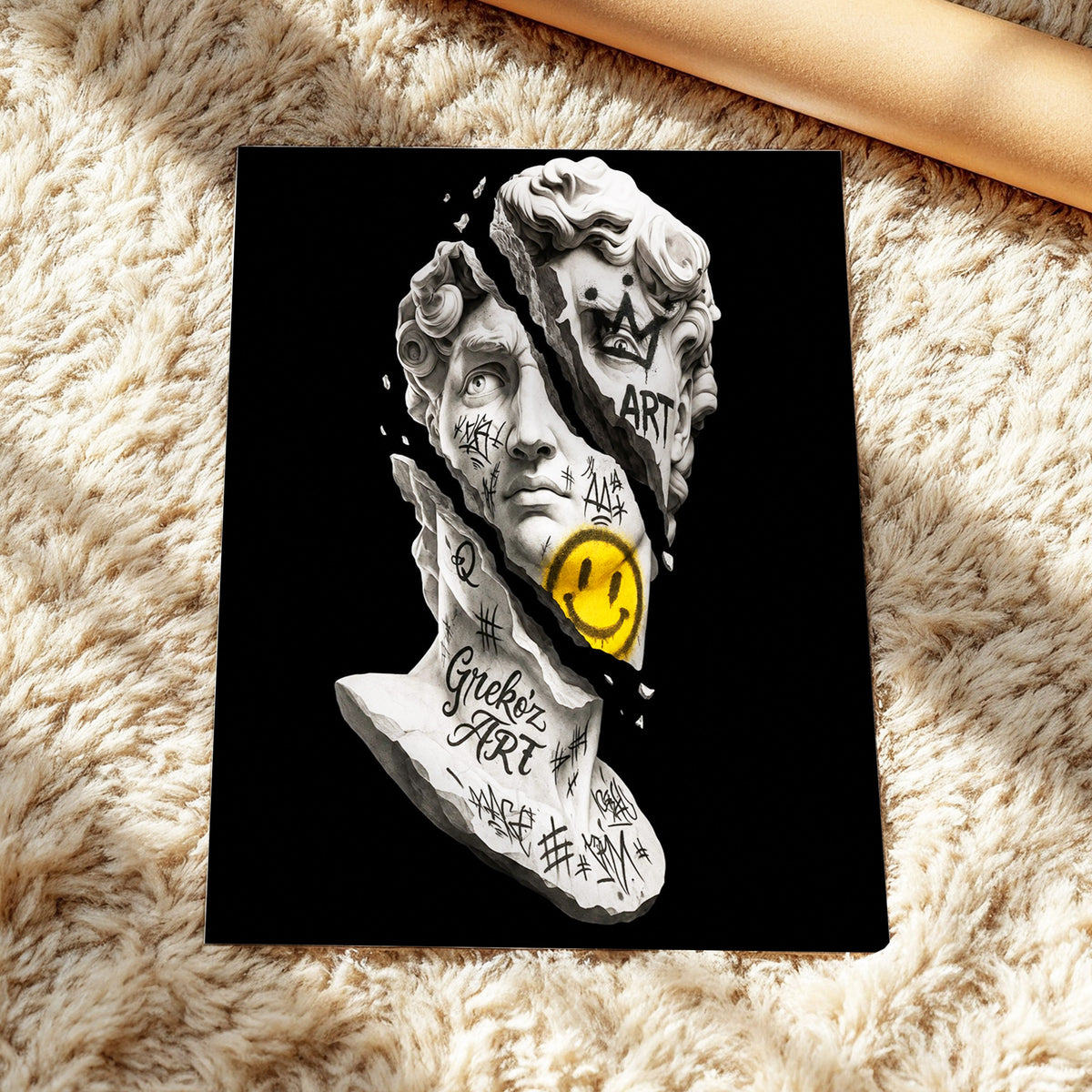 Fractured Icon, black, white, yellow abstract wall art displayed in a styled interior, gallery view 4