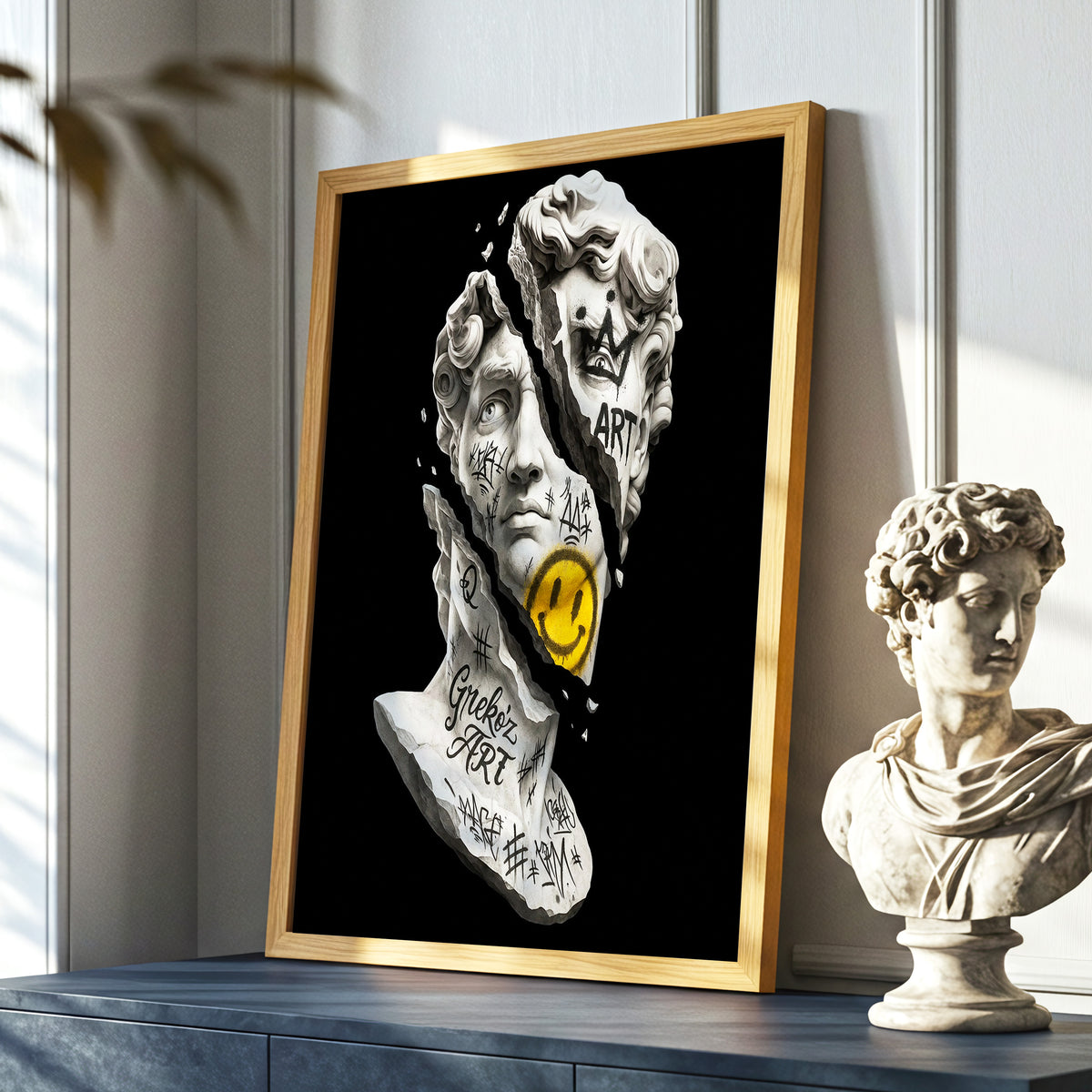 Fractured Icon, black, white, yellow abstract wall art displayed in a styled interior, gallery view 6