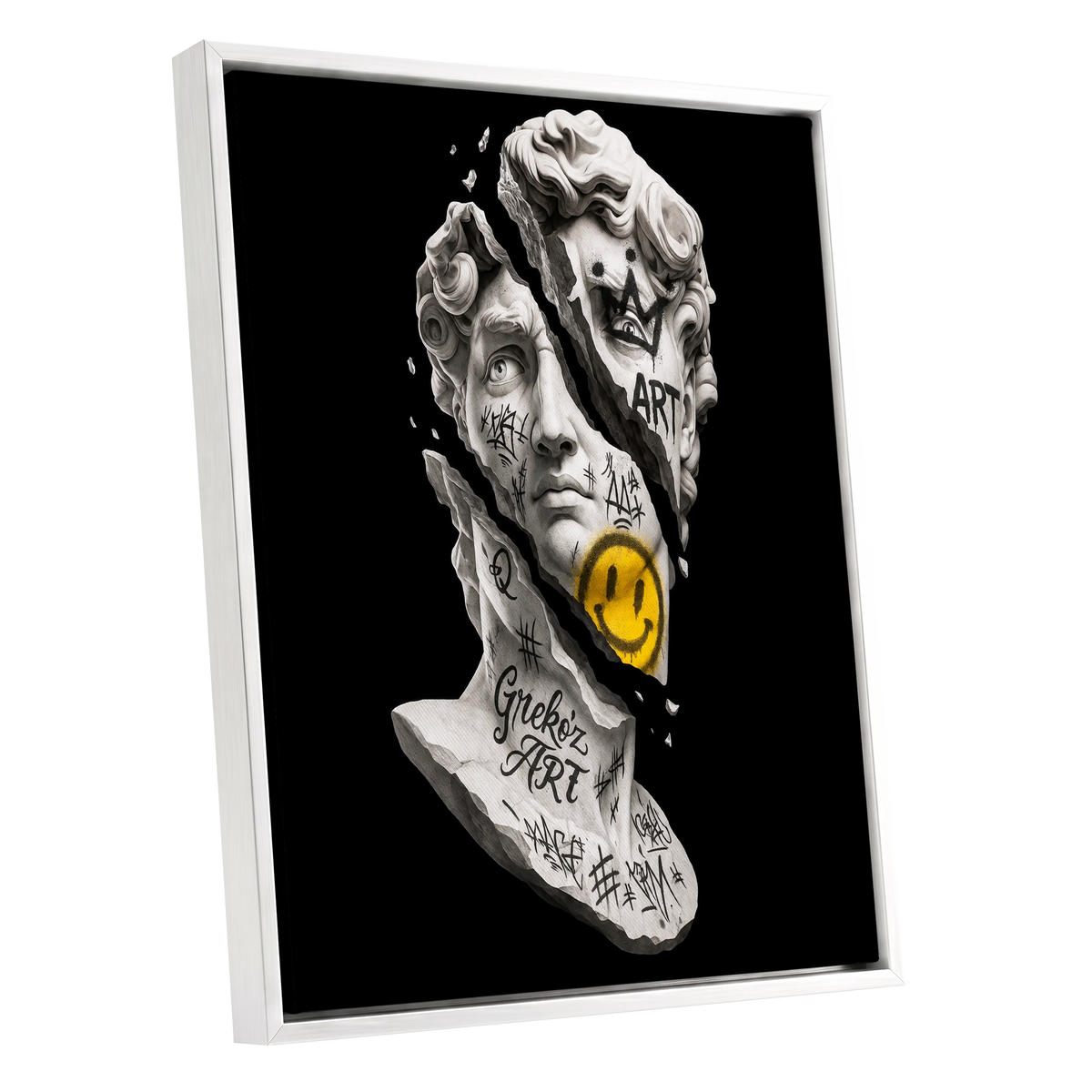 Fractured Icon, black, white, yellow abstract wall art shown as a white framed canvas wall art