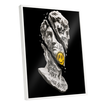 Fractured Icon, black, white, yellow abstract wall art shown as a white framed poster wall art print