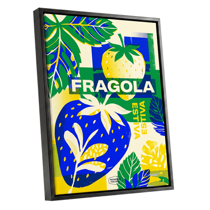 Fragola Pop Garden, blue, green, yellow nature wall art shown as a black framed canvas wall art