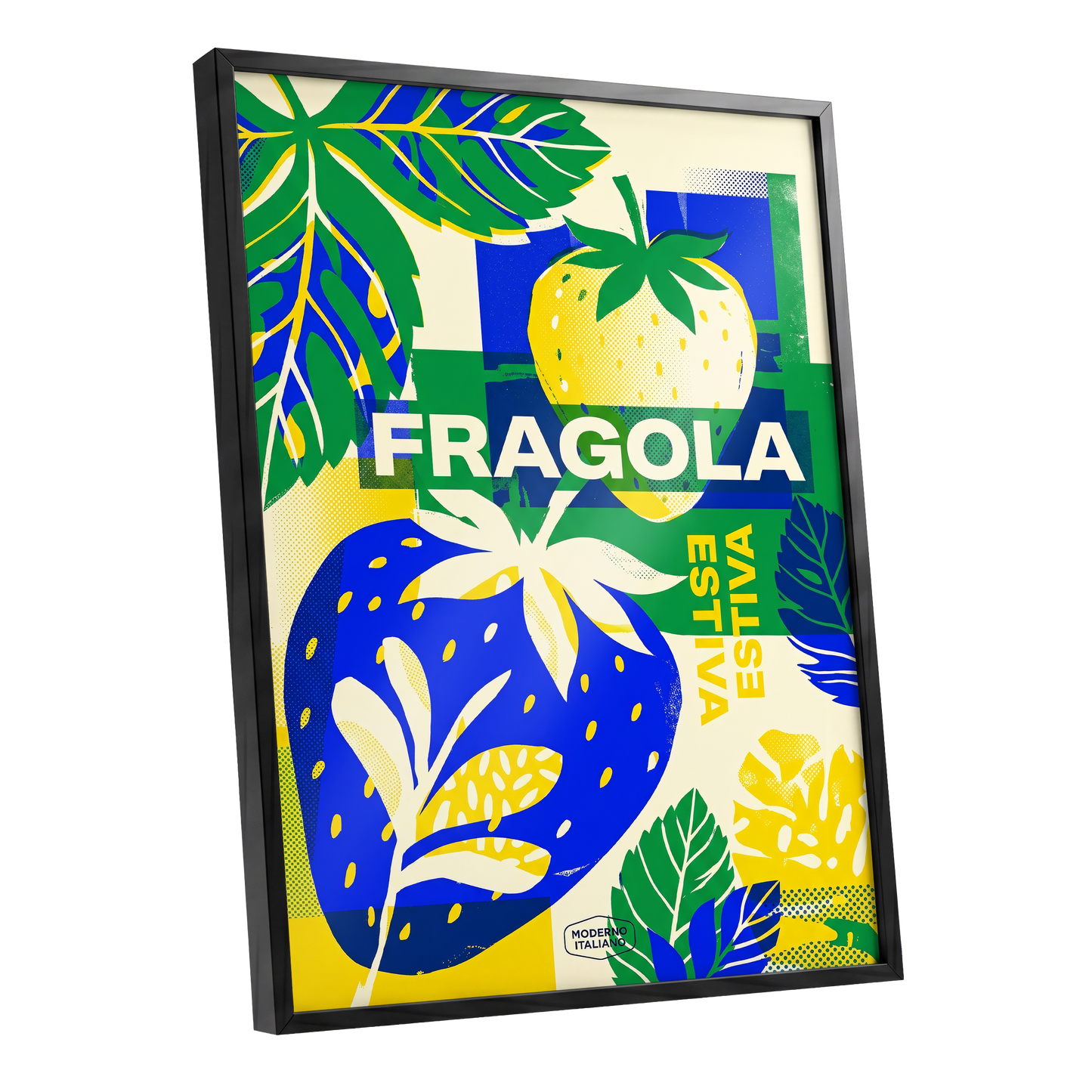 Fragola Pop Garden, blue, green, yellow nature wall art shown as a black framed poster wall art print