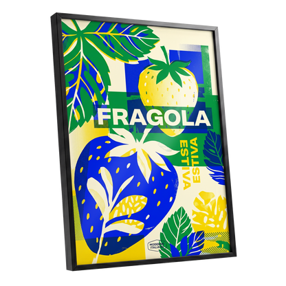 Fragola Pop Garden, blue, green, yellow nature wall art shown as a black framed poster wall art print